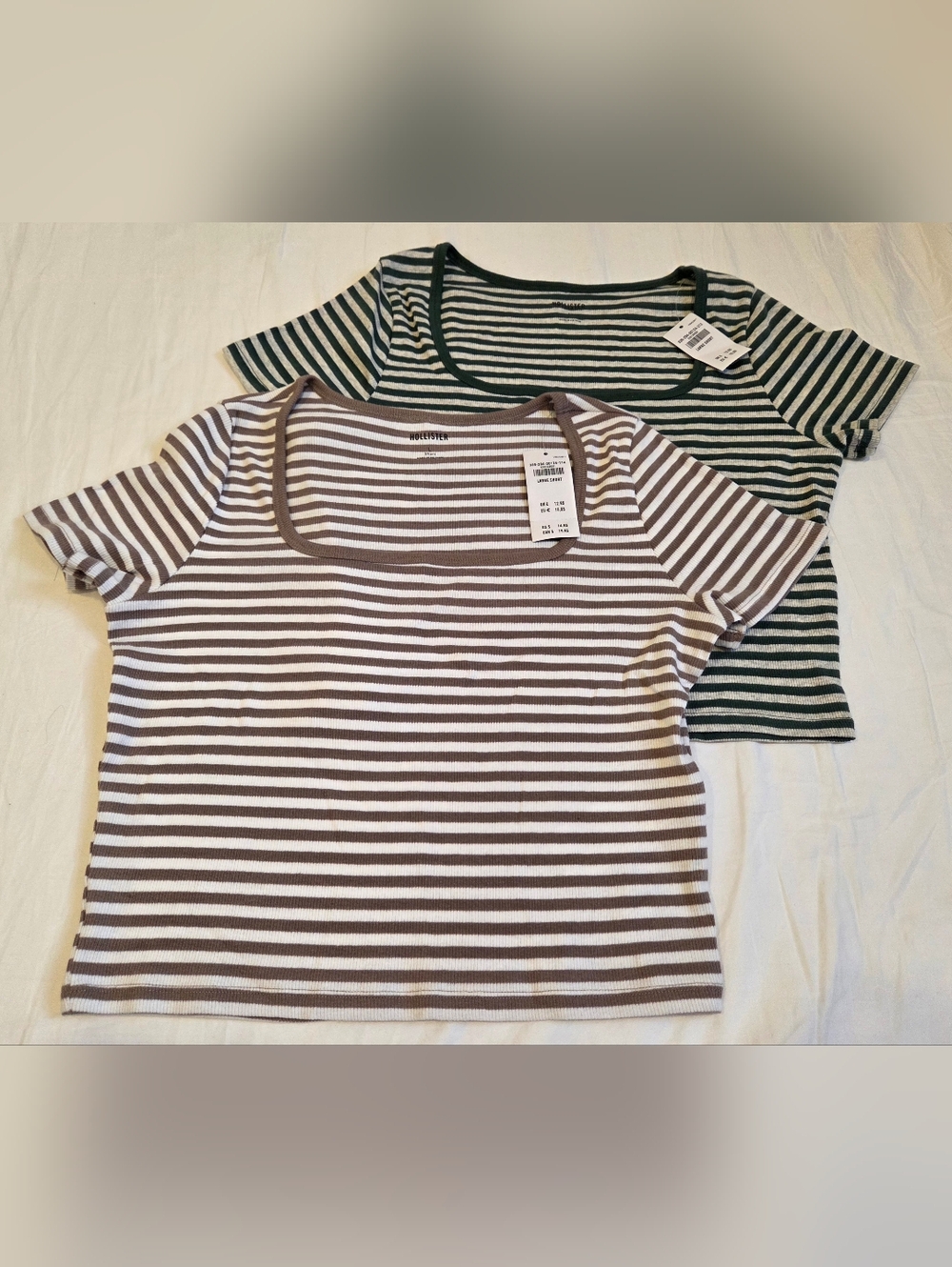 Two Hollistet Striped Scoop Neck T-Shirts. Never Worn. Green/Gray & Taupe/White.